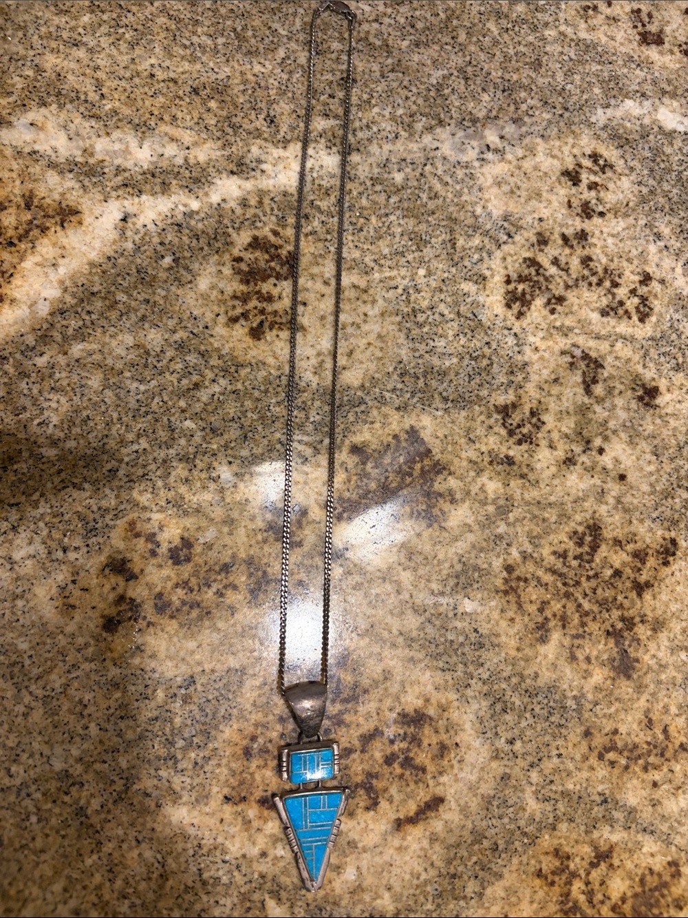 Turquoise Inlay Triangle Pendant Necklace - Women's Silver Tone